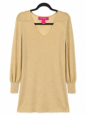 Lilly‎ Pulitzer Sariya Long Sleeve V-Neck Sweater Dress Gold Small Classic Lux